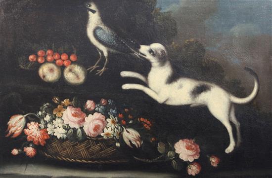 18th Century Neapolitan School Still life of fruit and flowers with a dog and a jay 24 x 36in.